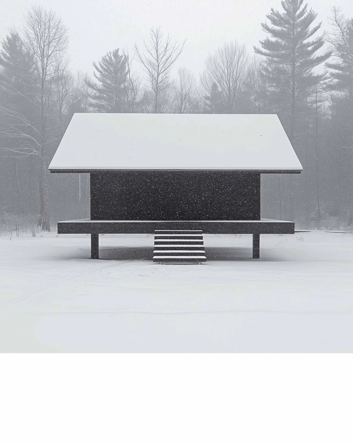 Cabane rurale moderne et contemporaine en bois sombre sur pilotis au cœur d’une forêt enneigée, conception architecturale par Arthur Montessuit, Architecte en Haute-Savoie.