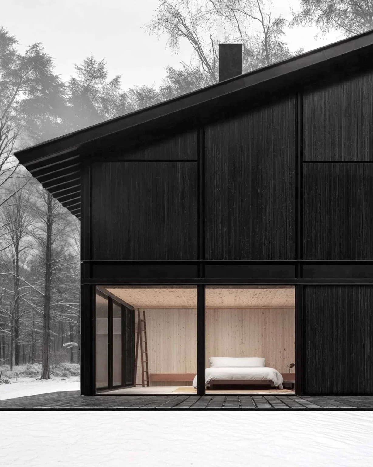 Façade rurale moderne et contemporaine en bois brûlé avec grande baie vitrée sur chambre minimaliste, conception architecturale signée Arthur Montessuit, Architecte en Haute-Savoie.