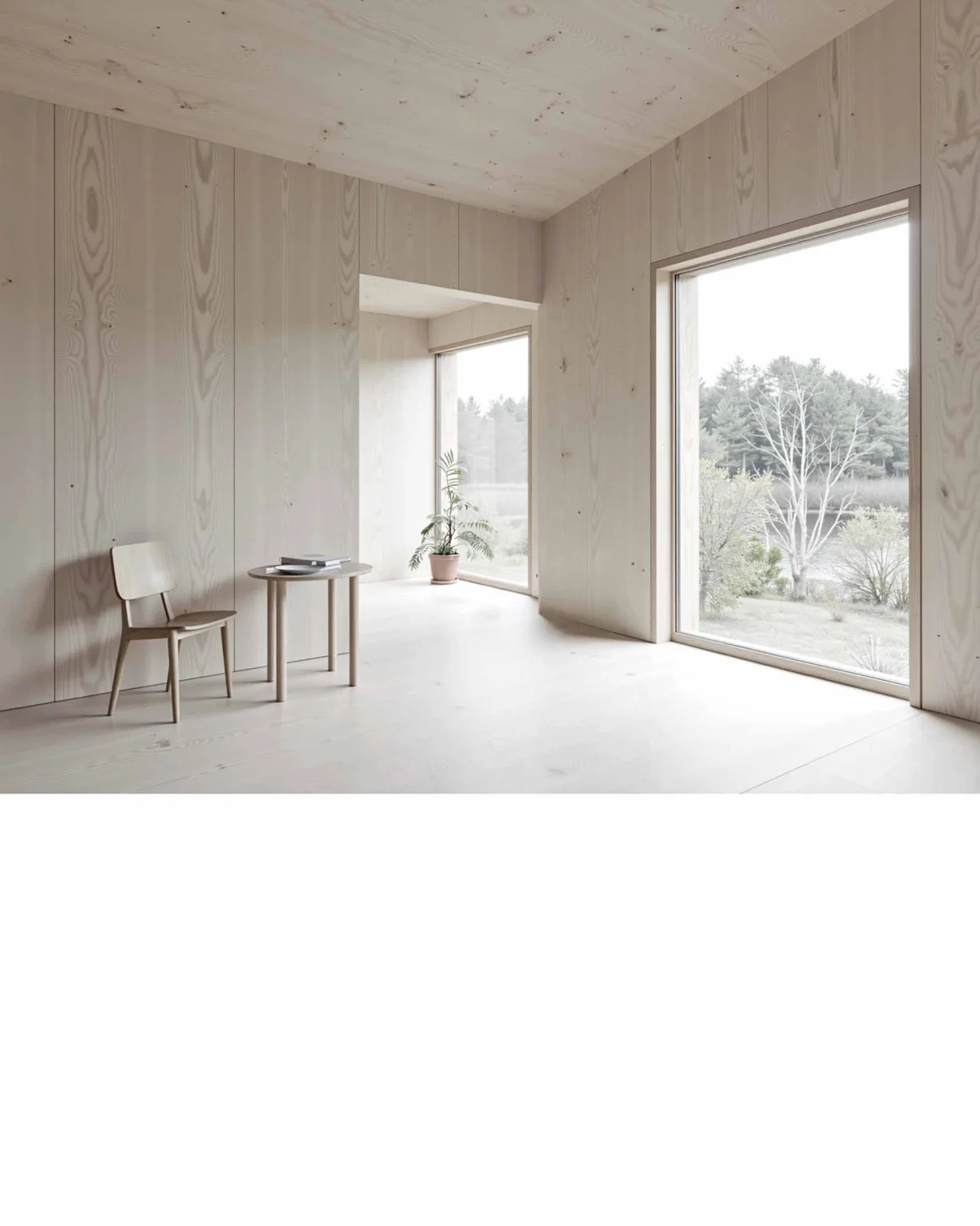 Intérieur rural moderne et contemporain en bois clair avec grandes ouvertures sur paysage naturel, conception architecturale signée Arthur Montessuit, Architecte en Haute-Savoie.