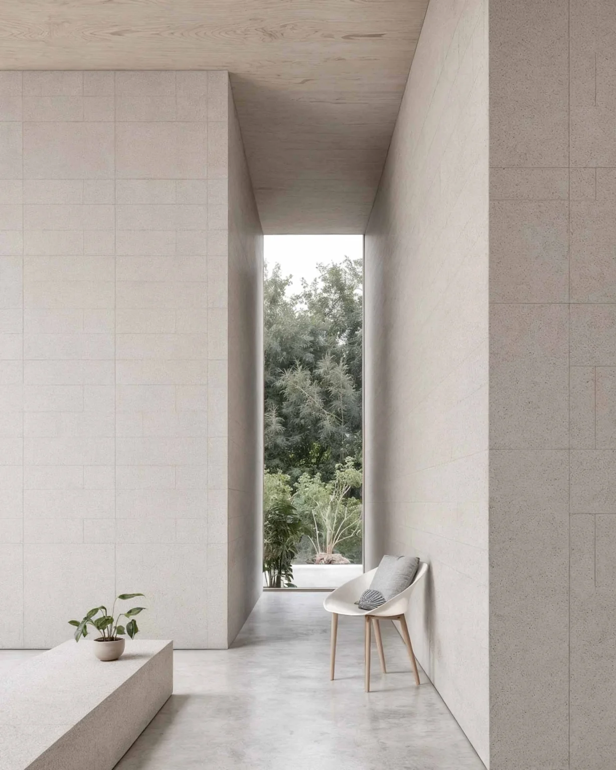 Passage rural moderne et contemporain avec murs en pierre claire et plafond bois, ouvert sur un jardin, conception architecturale signée Arthur Montessuit, Architecte en Haute-Savoie.