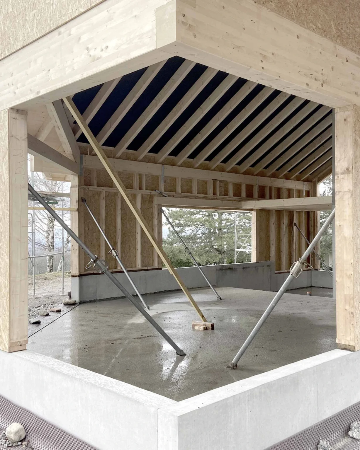 Structure rurale moderne et contemporaine avec charpente bois apparente, murs en panneaux OSB et dalle béton, conception architecturale d’Arthur Montessuit, Architecte en Haute-Savoie.