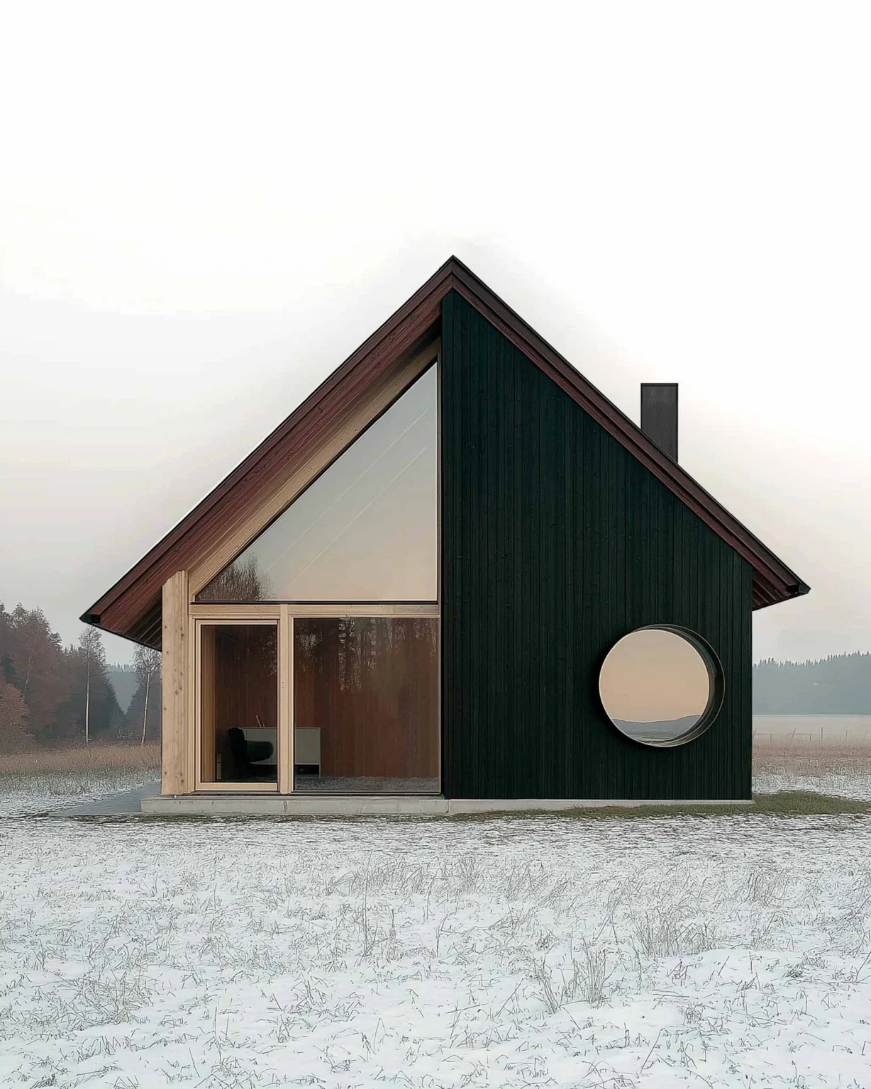 Façade rurale moderne et contemporaine en bois noir avec ouverture ronde et baie vitrée, conception architecturale signée Arthur Montessuit, Architecte en Haute-Savoie.