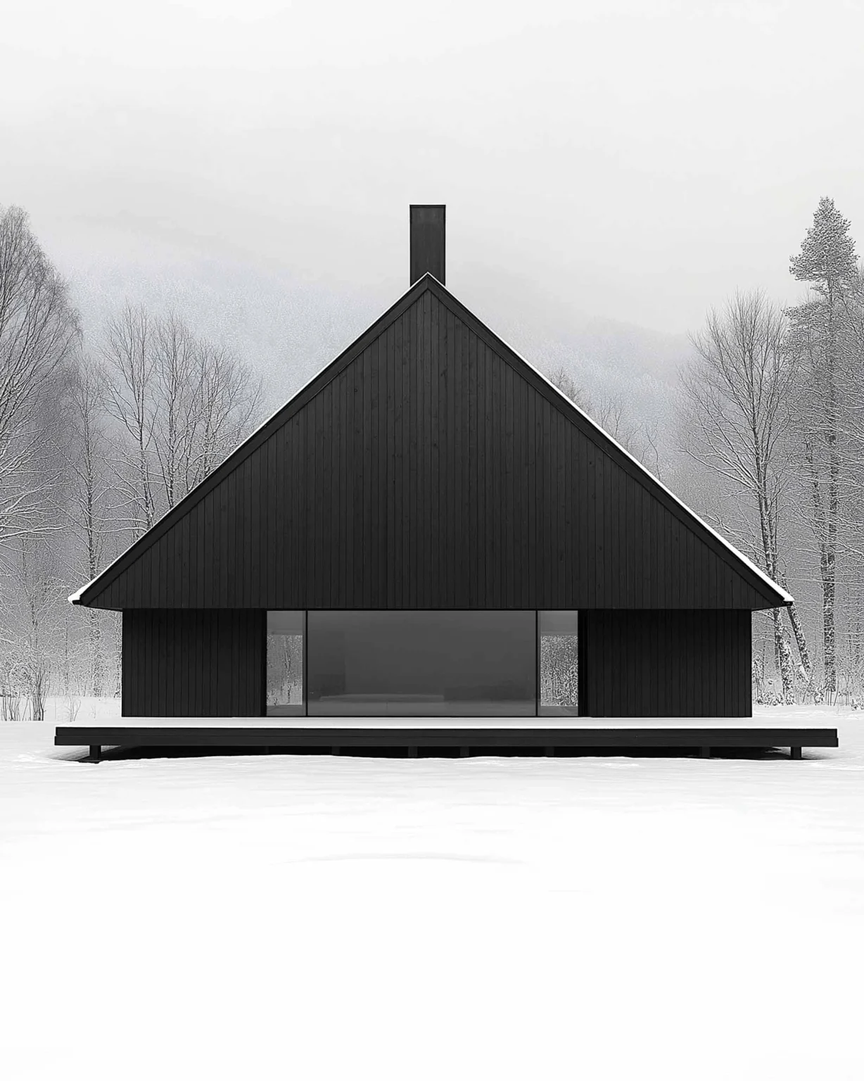 Façade rurale moderne et contemporaine en bois noir avec toiture à double pente, implantée en site enneigé, conception architecturale signée Arthur Montessuit, Architecte en Haute-Savoie.